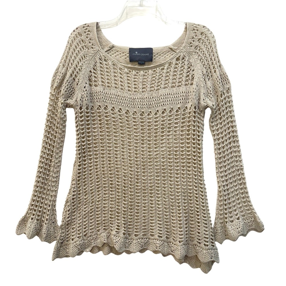 Paper Crane Beige Open Knit‎ Crochet Bell Sleeve Sweater Top Large
